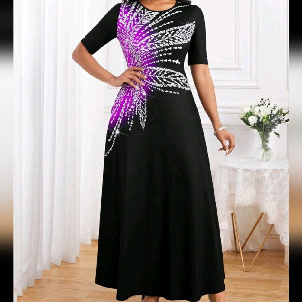 Black Sequin Printed Short Sleeve Pocket Maxi Dress - Picture 3 of 5